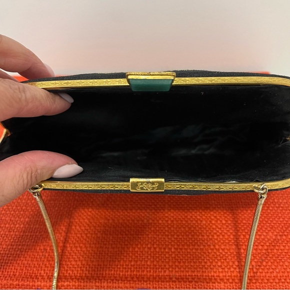 Vintage Petite Point Black Floral Needlepoint Bag with Jade-like Stone Clasp - Picture 9 of 16